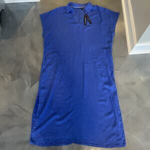 Tahari Linen Blend Blue Dress XL Collared Pockets Swim Coverup Lagenlook Midi